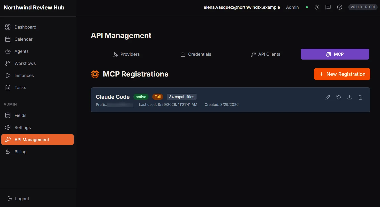 The API Management screen on its MCP tab, listing one registration named Claude Code. It is marked active, carries the Full preset and thirty-four capabilities, and shows a key prefix, when it was last used and when it was created. Further tabs cover Providers, Credentials and API Clients.
