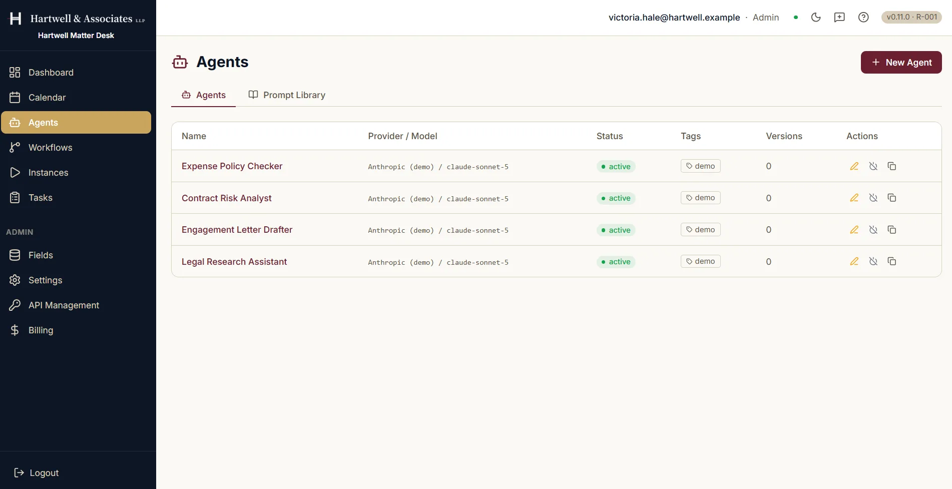 The Agents screen listing four AI agents: Expense Policy Checker, Contract Risk Analyst, Engagement Letter Drafter and Legal Research Assistant. Each row shows the provider and model it is pinned to, all four on the same Anthropic demo provider running claude-sonnet-5, a status of active, a demo tag, and a version count. A second tab offers a Prompt Library.