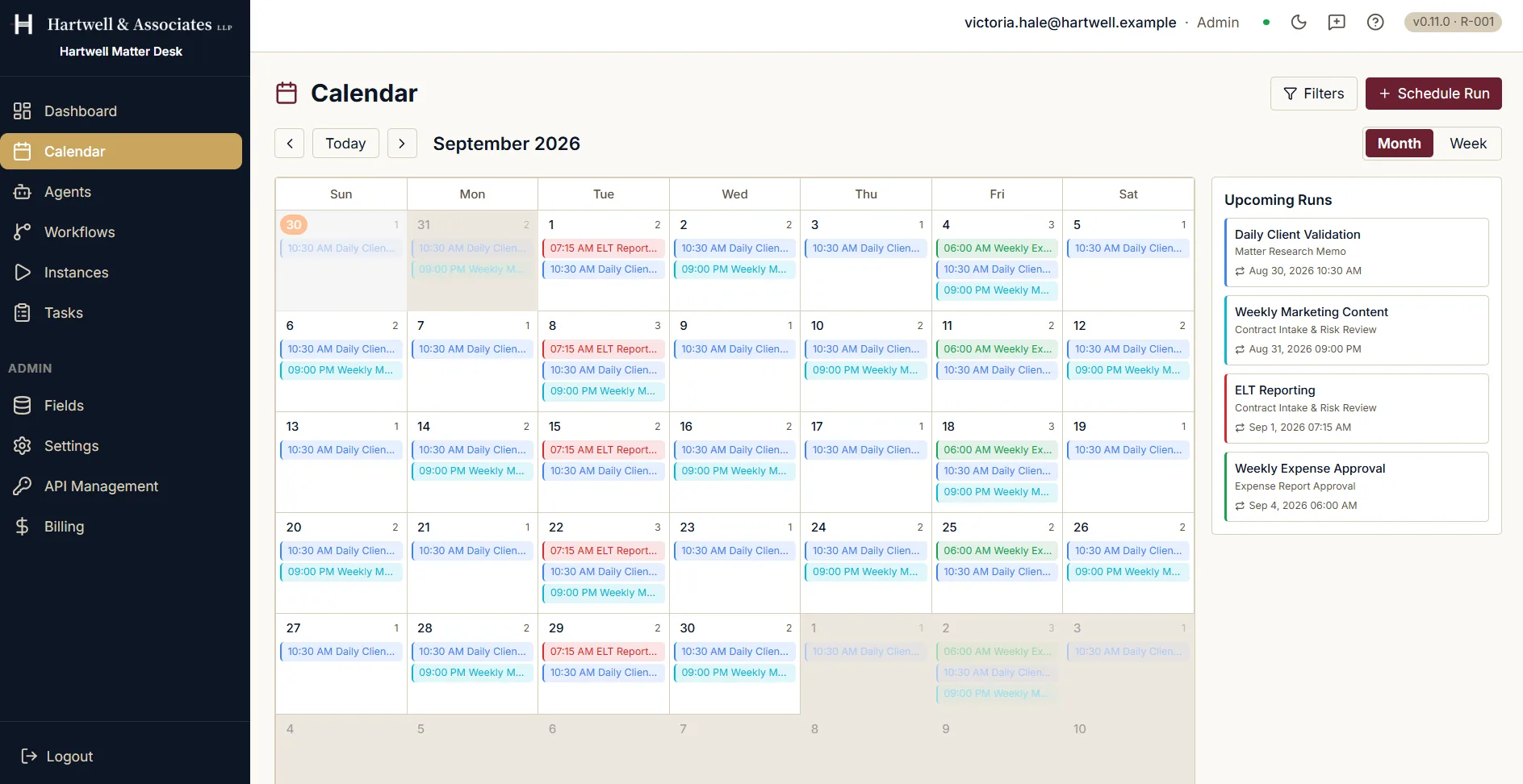 A month calendar for September 2026 with recurring scheduled workflow runs marked on most days, several of them repeating weekly. A side panel headed Upcoming Runs lists four of them by name, each with the workflow it belongs to, its date and time, and a repeat marker: Daily Client Validation on Matter Research Memo, Weekly Marketing Content and ELT Reporting on Contract Intake and Risk Review, and Weekly Expense Approval on Expense Report Approval. Controls offer month and week views and a Schedule Run button.