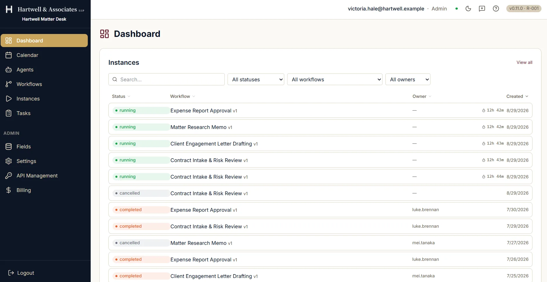 The Dave dashboard for a workspace called Hartwell Matter Desk. A left navigation lists Dashboard, Calendar, Agents, Workflows, Instances and Tasks, then an admin group holding Fields, Settings, API Management and Billing. The main panel is headed Instances, with a search box and filters for status, workflow and owner, over a table of runs of Expense Report Approval, Matter Research Memo, Client Engagement Letter Drafting and Contract Intake and Risk Review. Each row is marked running, cancelled or completed and shows its owner and the date it was created.