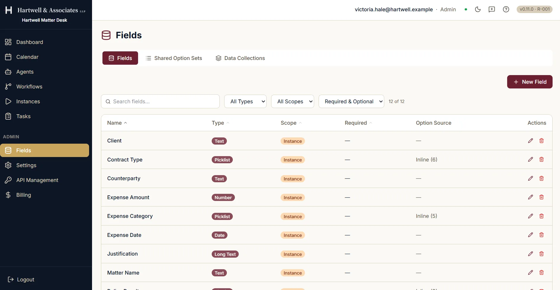 The admin Fields screen, reading twelve of twelve, listing custom fields including Client, Contract Type, Counterparty, Expense Amount, Expense Category, Expense Date, Justification and Matter Name. Each row shows the field's type, whether that is text, picklist, number, date or long text, its scope, whether it is required, and where its options come from, with an inline count for the picklists. Tabs above offer Fields, Shared Option Sets and Data Collections, beside filters for type and scope and a New Field button.