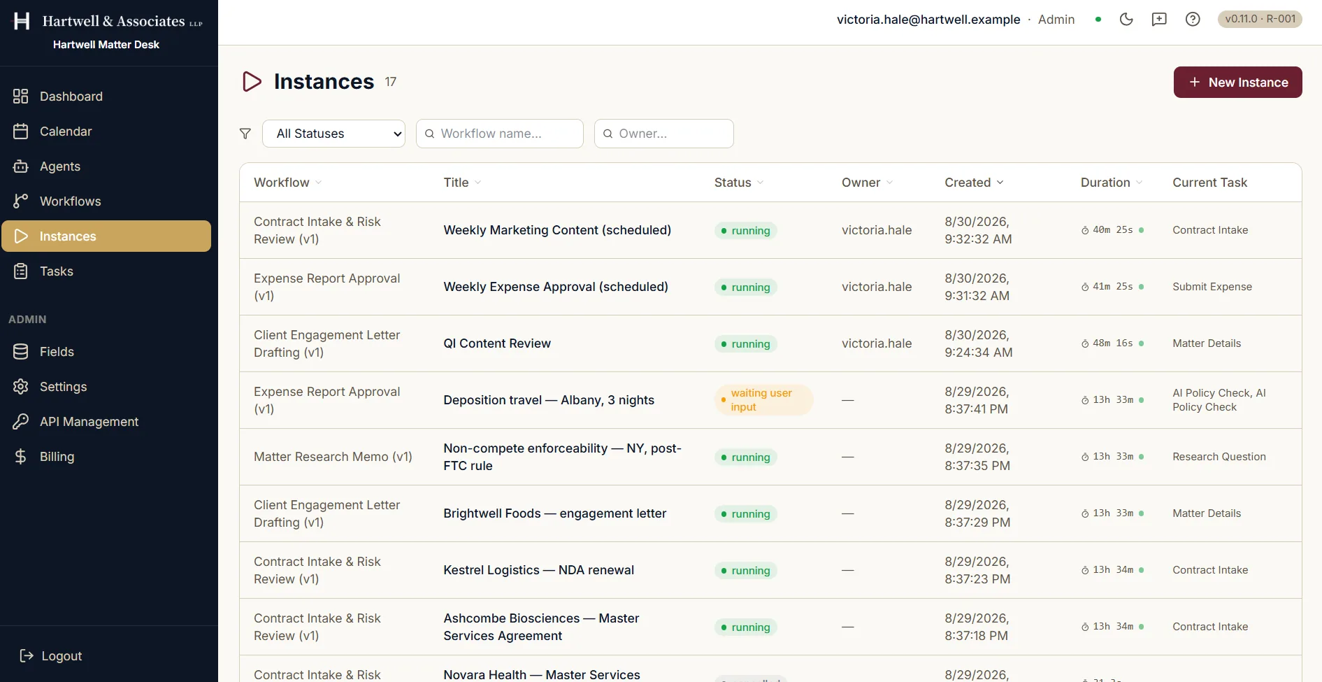 The Instances screen listing seventeen runs, with filters for status, workflow name and owner. Each row names its workflow and version, the run's own title, its status, its owner, when it was created, how long it has been going and the step it is currently on. Three scheduled runs at the top are running, minutes old and sitting on Contract Intake, Submit Expense and Matter Details. Below them one run is waiting on user input at an AI Policy Check, several more are running on Contract Intake or Research Question, and one is cancelled.