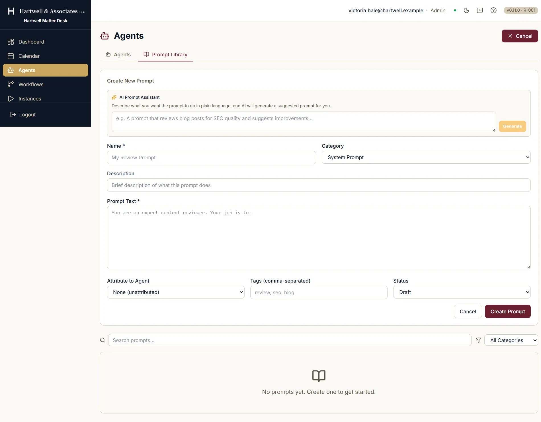 The Prompt Library tab of the Agents screen with a Create New Prompt form open. An AI Prompt Assistant panel at the top offers to generate a prompt from a plain-language description. Below it the form holds a name reading Summarize New Matter Enquiry, a category of Task Instruction, a description, and a long prompt text field spelling out the fields to return and the rule to write not stated for anything absent rather than infer it. Underneath sit an Attribute to Agent selector, a comma-separated tags field, a status of Draft, and Cancel and Create Prompt buttons.
