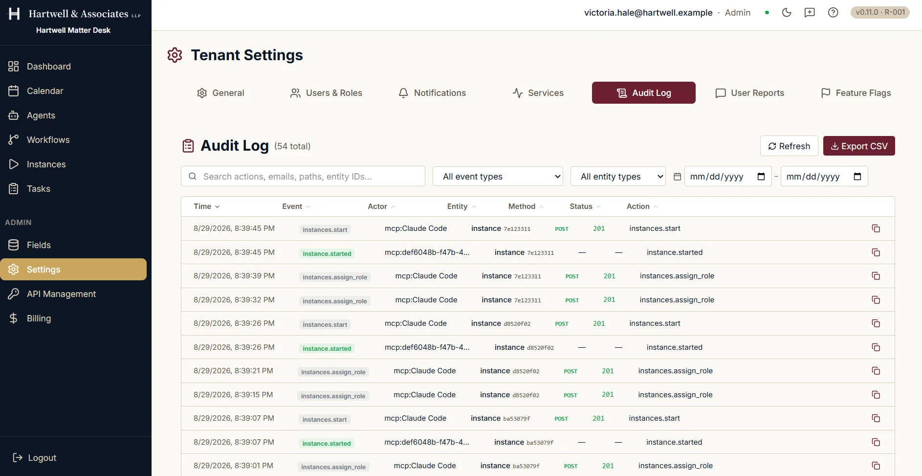 The Audit Log tab of Tenant Settings, headed Audit Log with fifty four entries in total. A search box offers to match actions, emails, paths and entity IDs, beside filters for event type and entity type and a date range, with Refresh and Export CSV buttons. The table below carries columns for time, event, actor, entity, HTTP method, status code and action. Rows record instances.start, instance.started and instances.assign_role events, most of them performed by an actor named mcp colon Claude Code, each a POST returning 201 against an instance identified by a short id.