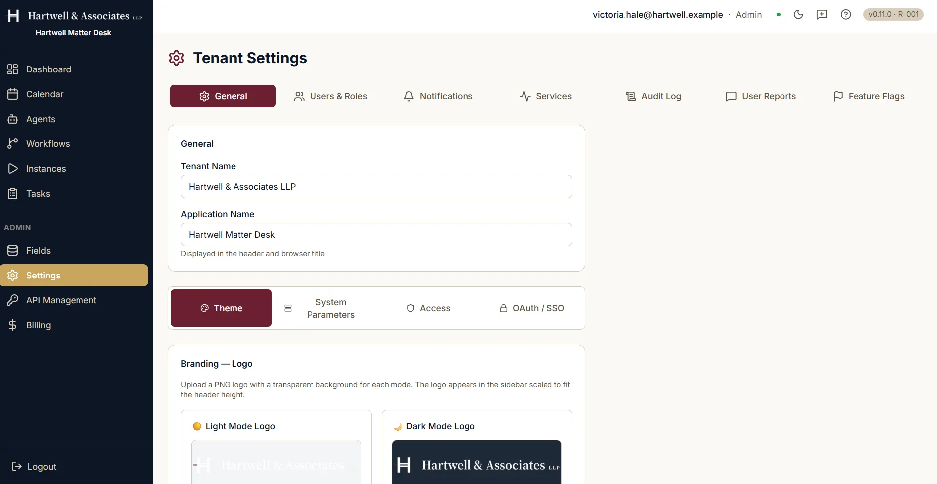 The General tab of Tenant Settings. A Tenant Name field reads Hartwell and Associates LLP, and an Application Name field reads Hartwell Matter Desk, noted as appearing in the header and the browser title. Below them a row of sub-tabs offers Theme, System Parameters, Access, and OAuth and SSO, with Theme selected, and a Branding panel invites a light mode logo and a dark mode logo to be uploaded as transparent PNGs.