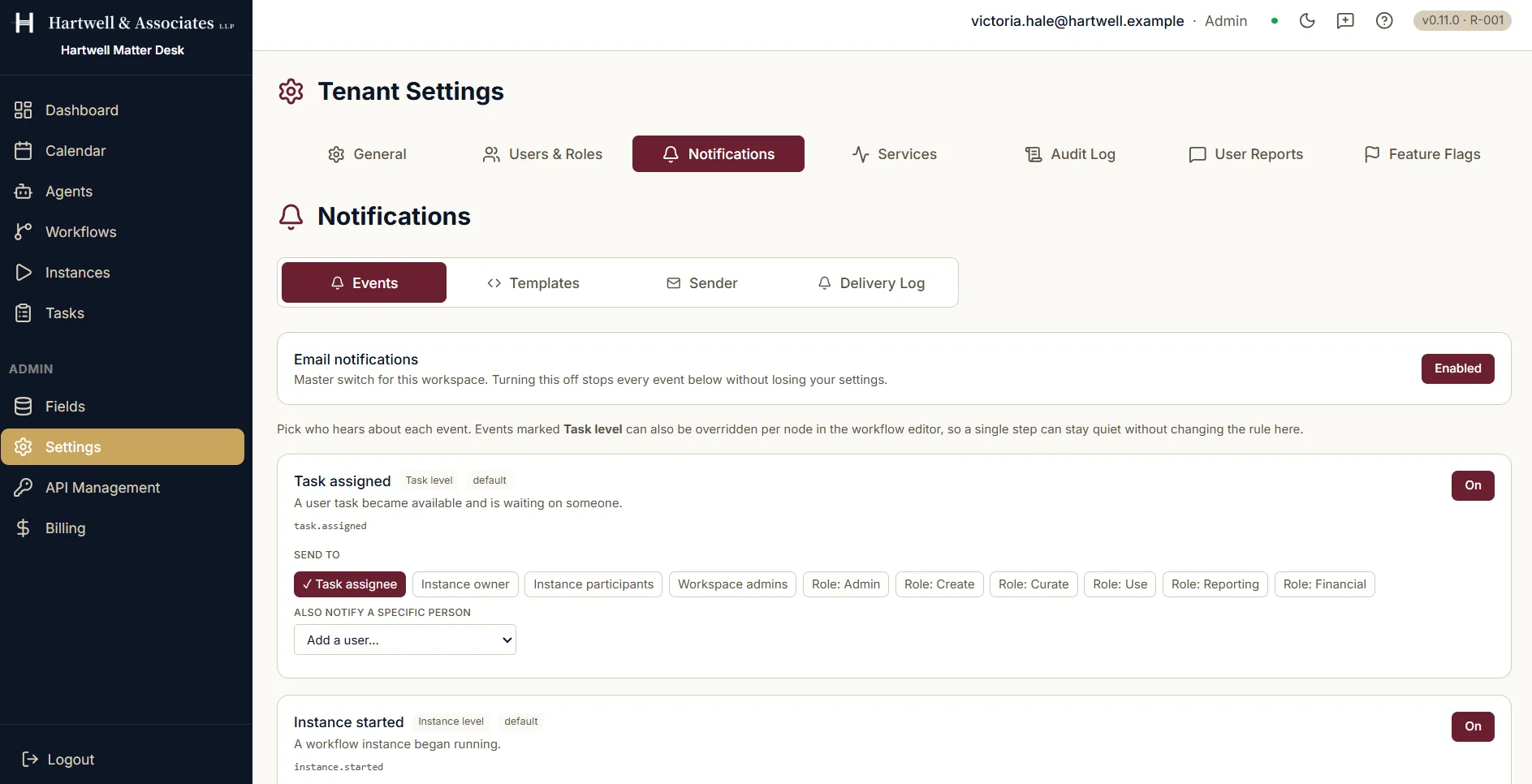 The Notifications tab of Tenant Settings, on its Events sub-tab, with Templates, Sender and Delivery Log alongside. A master email notifications switch is enabled. Below it the Task assigned event, marked task level and default, is switched on and described as a user task becoming available and waiting on someone. Under a Send To label a row of audience chips offers Task assignee, which is ticked, then Instance owner, Instance participants, Workspace admins, and one chip for each of the six roles: Admin, Create, Curate, Use, Reporting and Financial. A dropdown below adds one specific person. The Instance started event follows, also switched on.