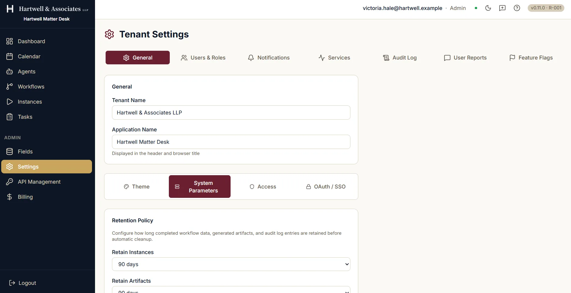 The System Parameters sub-tab of Tenant Settings, showing a Retention Policy panel. It explains that the setting decides how long completed workflow data, generated artifacts and audit log entries are kept before automatic cleanup, then offers a Retain Instances dropdown set to 90 days and a Retain Artifacts dropdown also set to 90 days.