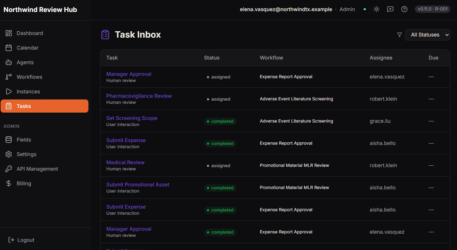 The Dave task inbox. A table lists tasks with columns for the task and its type, its status, the workflow it belongs to, the assignee and a due date. Rows show human review and user interaction tasks, some assigned and some completed. A status filter sits in the top right.